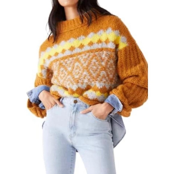 Free People Small Alpine Crop Sweater Cinnamon Toast Fair Isle Chunky Knit NWT - Picture 2 of 7